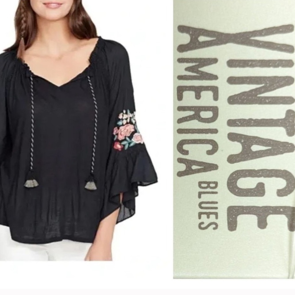 Vintage America Black Tunic with Embellished Sleeves